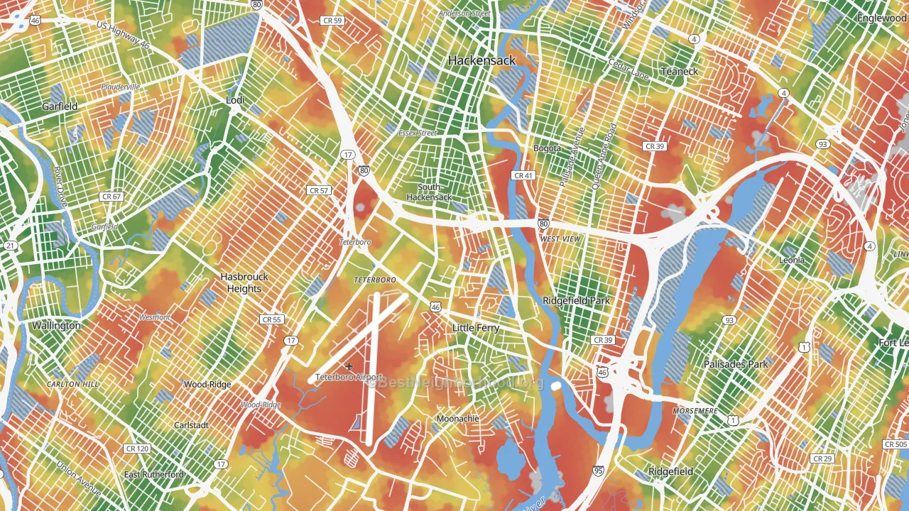 Walk Grade map of 07606, NJ, walkable areas in green and car-dependent areas in red