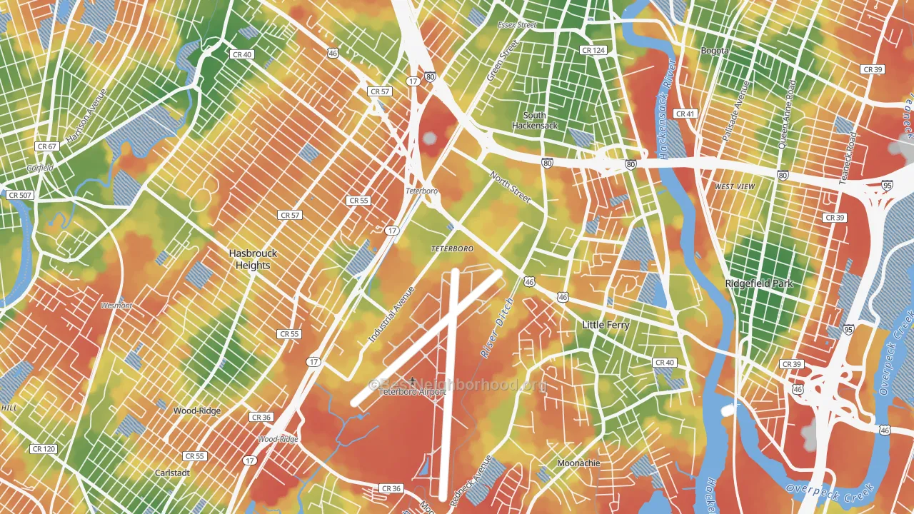 Walk Grade map of 07608, NJ, walkable areas in green and car-dependent areas in red