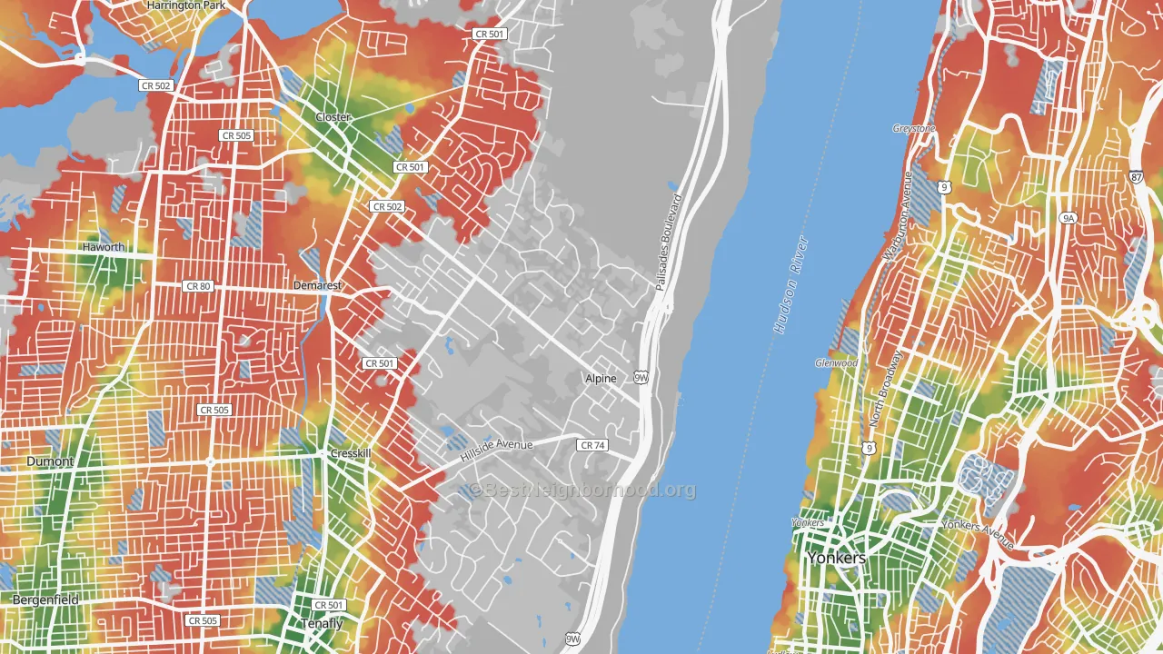 Walk Grade map of 07620, NJ, walkable areas in green and car-dependent areas in red