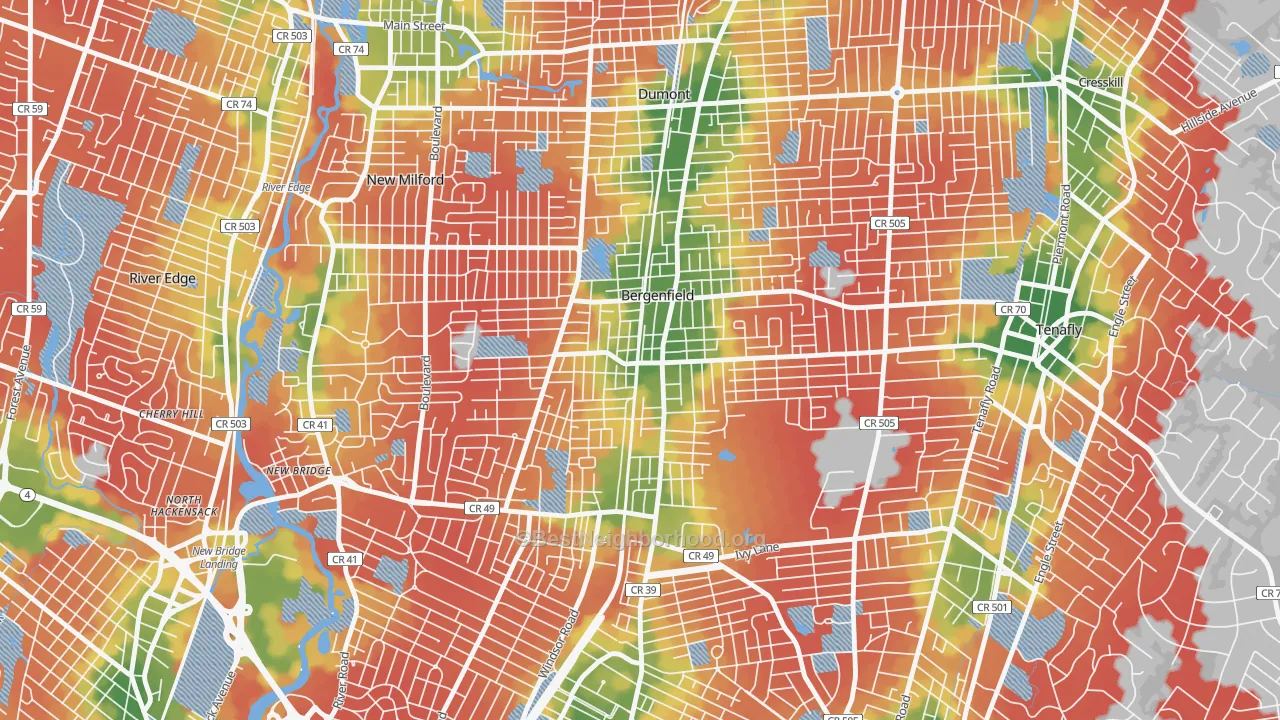 Walk Grade map of 07621, NJ, walkable areas in green and car-dependent areas in red