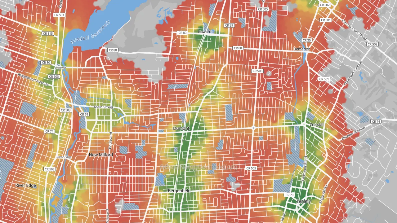 Walk Grade map of 07628, NJ, walkable areas in green and car-dependent areas in red
