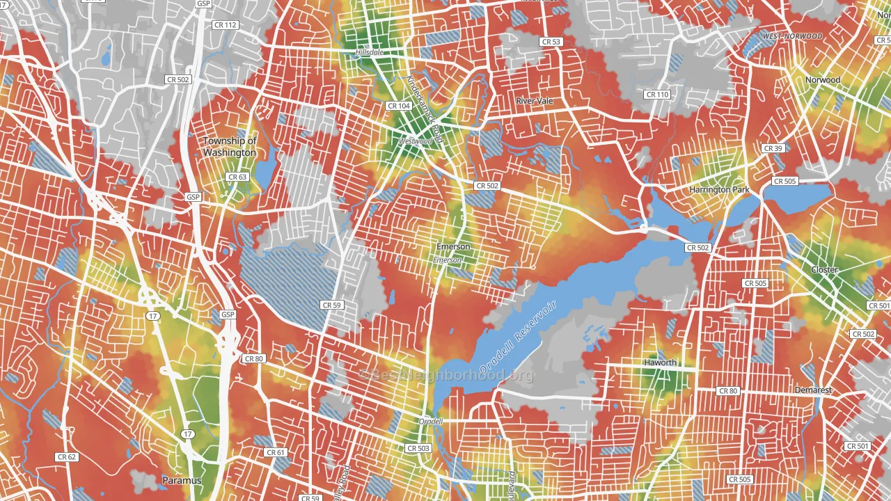 Walk Grade map of 07630, NJ, walkable areas in green and car-dependent areas in red
