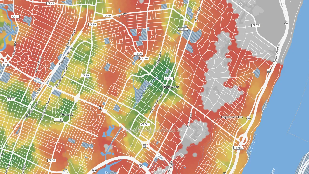 Walk Grade map of 07631, NJ, walkable areas in green and car-dependent areas in red