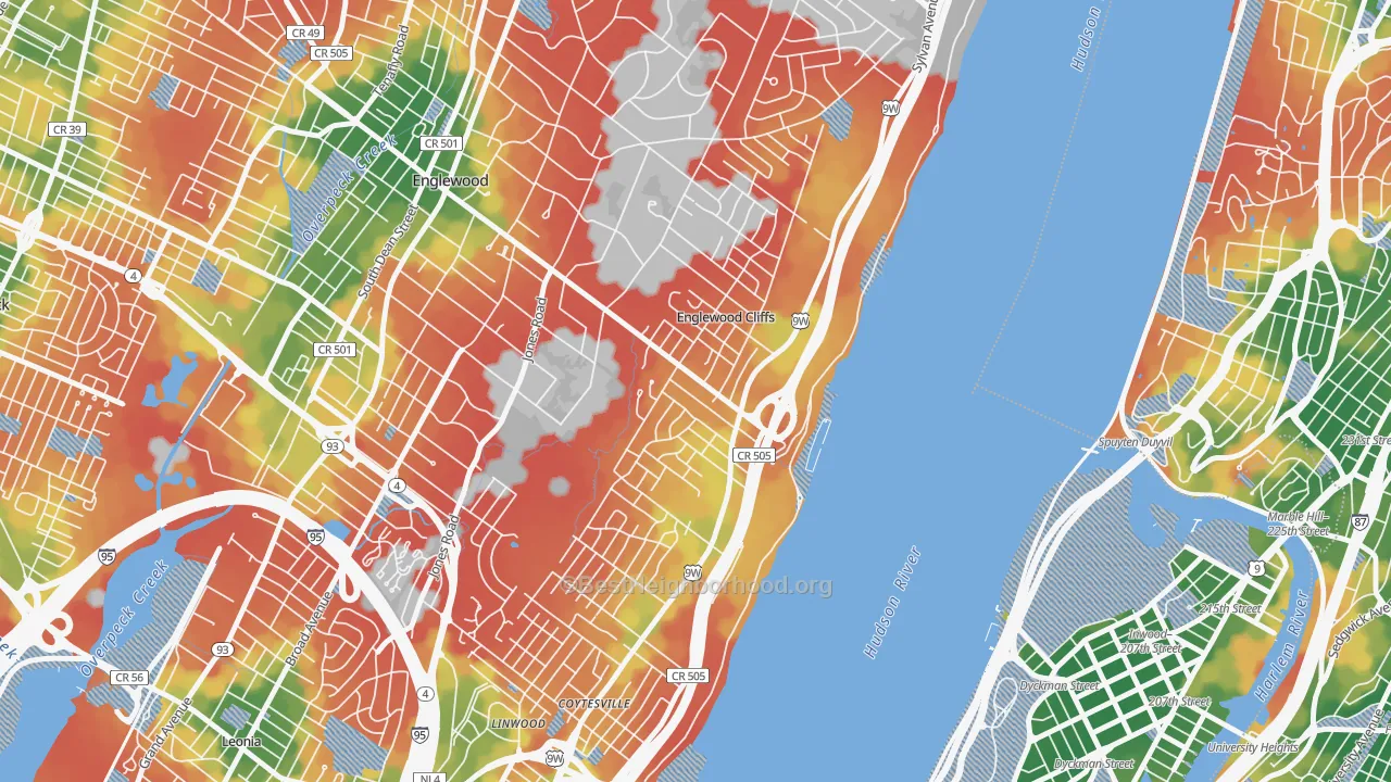 Walk Grade map of 07632, NJ, walkable areas in green and car-dependent areas in red