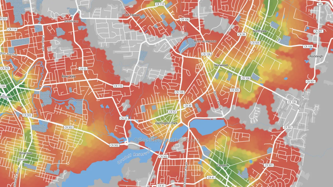Walk Grade map of 07640, NJ, walkable areas in green and car-dependent areas in red