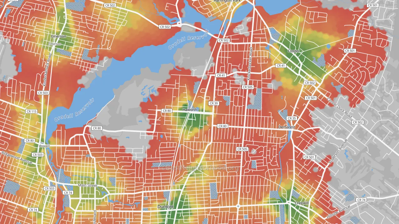 Walk Grade map of 07641, NJ, walkable areas in green and car-dependent areas in red