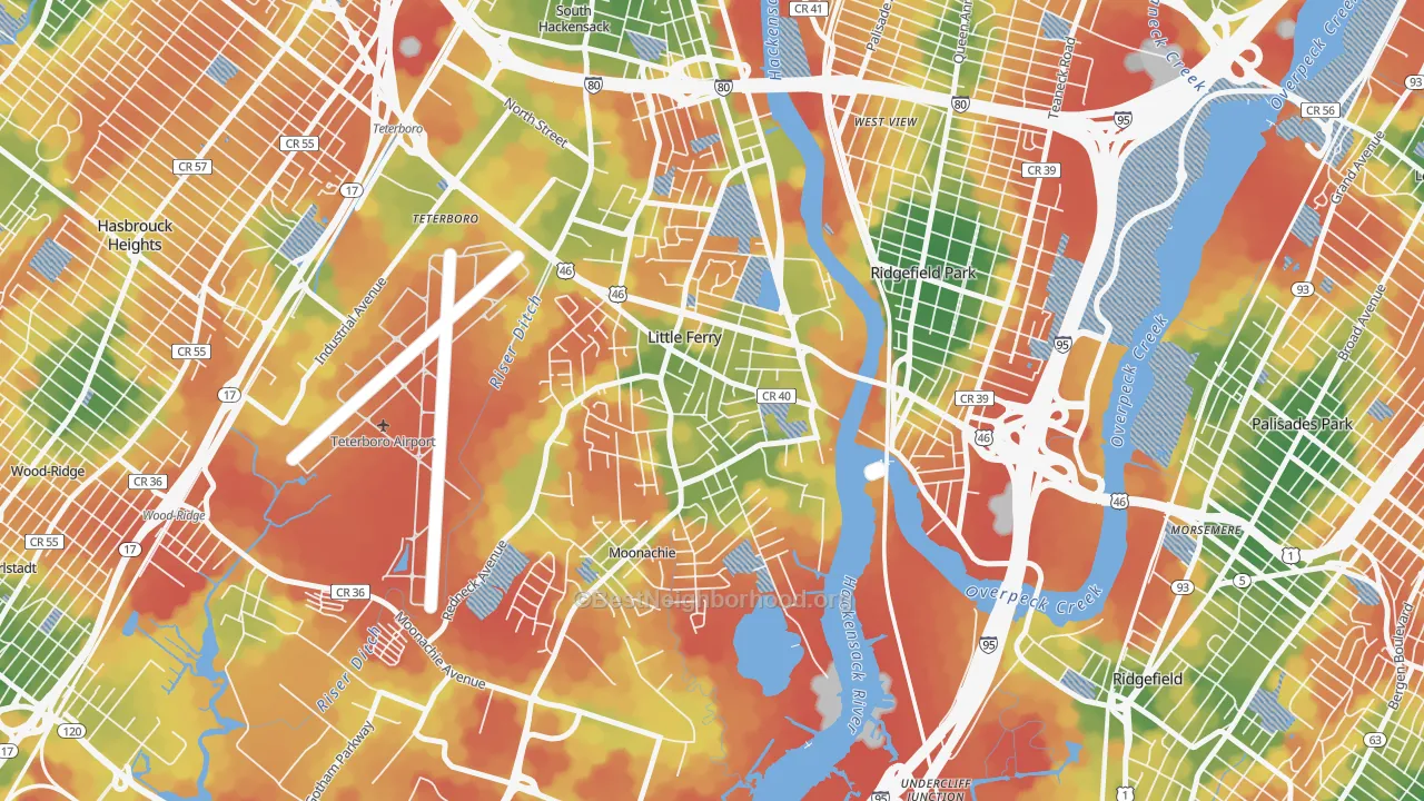Walk Grade map of 07643, NJ, walkable areas in green and car-dependent areas in red