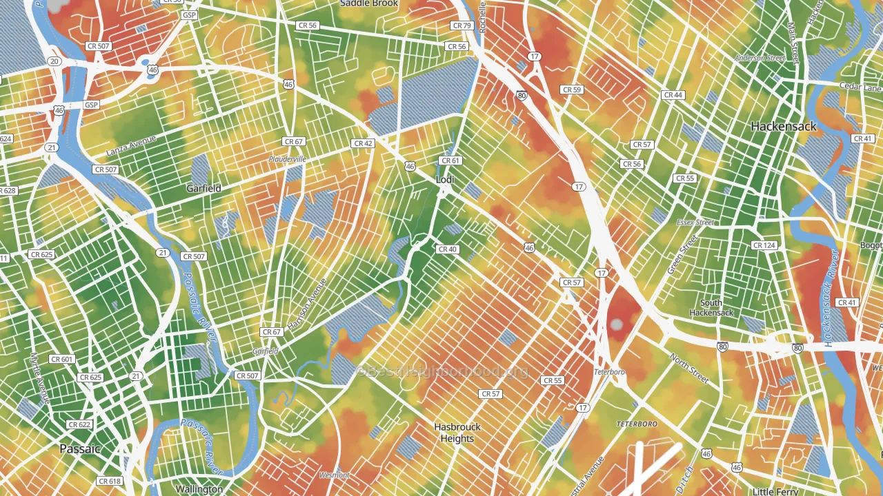 Walk Grade map of 07644, NJ, walkable areas in green and car-dependent areas in red