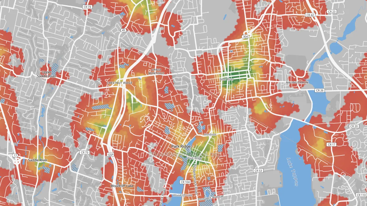 Walk Grade map of 07645, NJ, walkable areas in green and car-dependent areas in red
