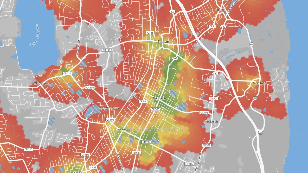 Walk Grade map of 07647, NJ, walkable areas in green and car-dependent areas in red