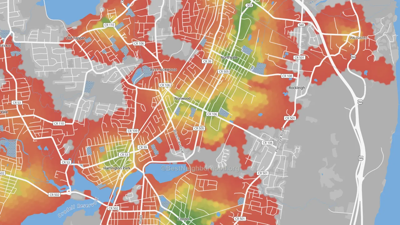 Walk Grade map of 07648, NJ, walkable areas in green and car-dependent areas in red