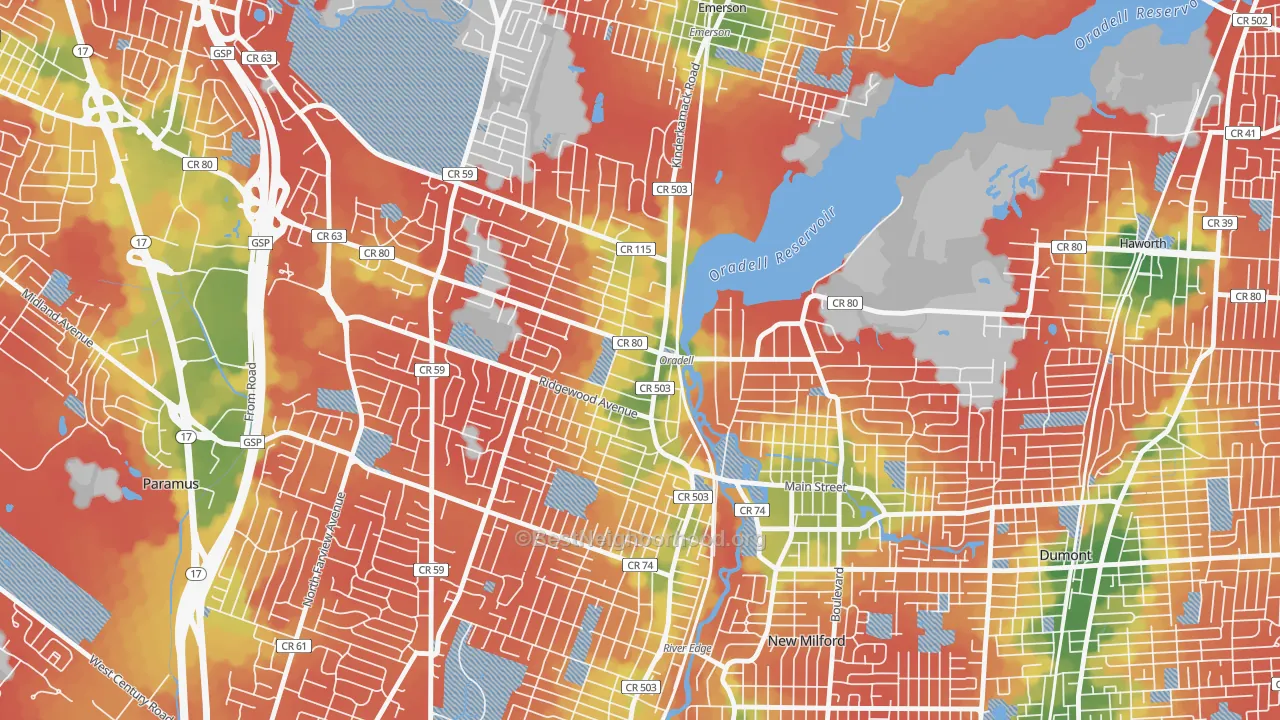 Walk Grade map of 07649, NJ, walkable areas in green and car-dependent areas in red