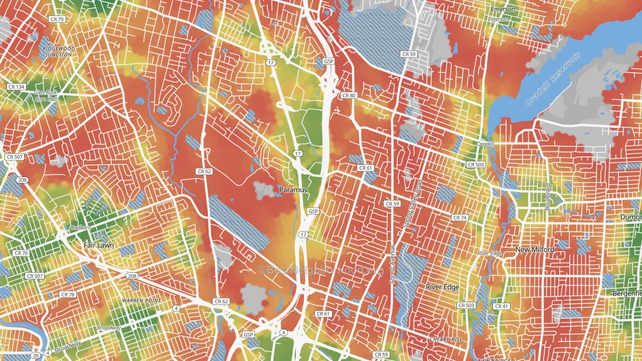 Walk Grade map of 07652, NJ, walkable areas in green and car-dependent areas in red