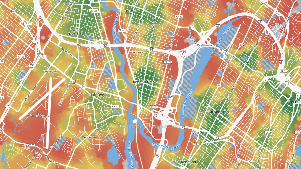 Walk Grade map of 07660, NJ, walkable areas in green and car-dependent areas in red