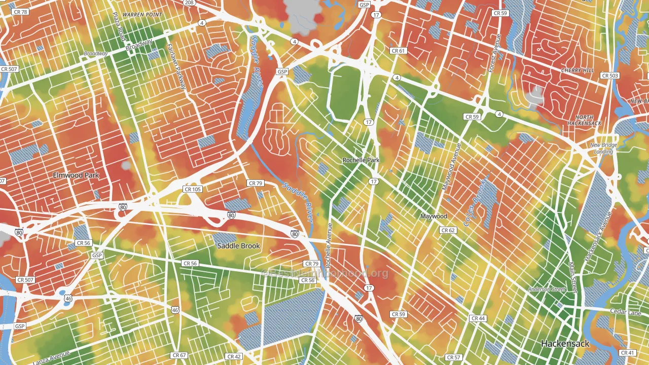 Walk Grade map of 07662, NJ, walkable areas in green and car-dependent areas in red