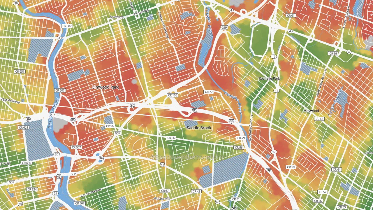 Walk Grade map of 07663, NJ, walkable areas in green and car-dependent areas in red