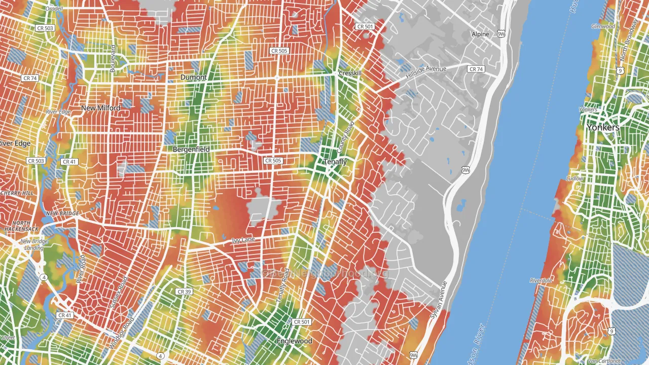 Walk Grade map of 07670, NJ, walkable areas in green and car-dependent areas in red