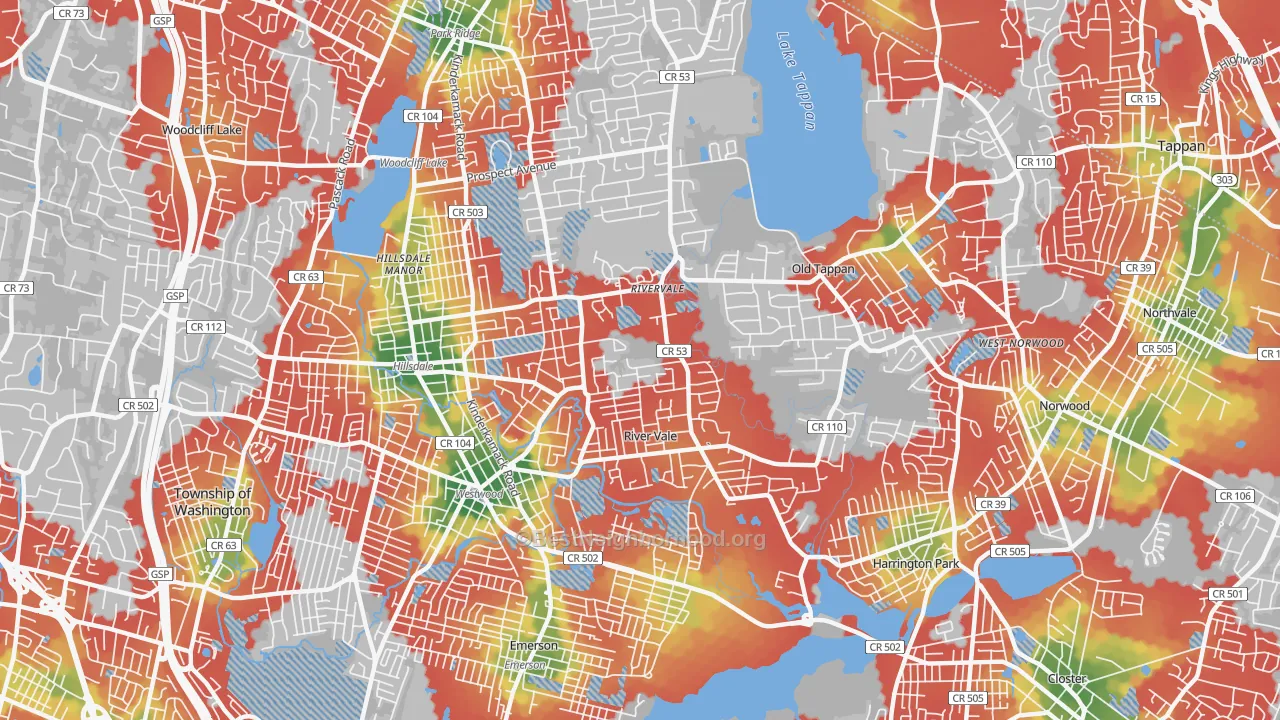 Walk Grade map of 07675, NJ, walkable areas in green and car-dependent areas in red