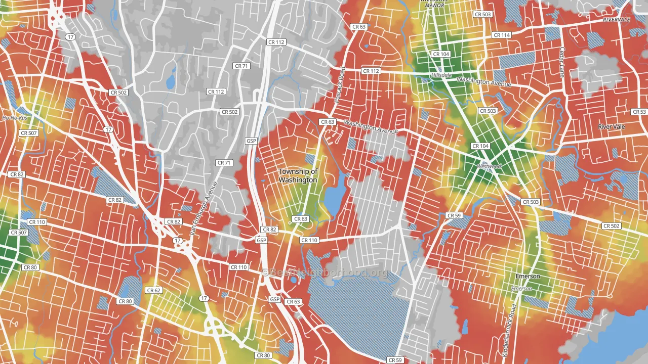 Walk Grade map of 07676, NJ, walkable areas in green and car-dependent areas in red