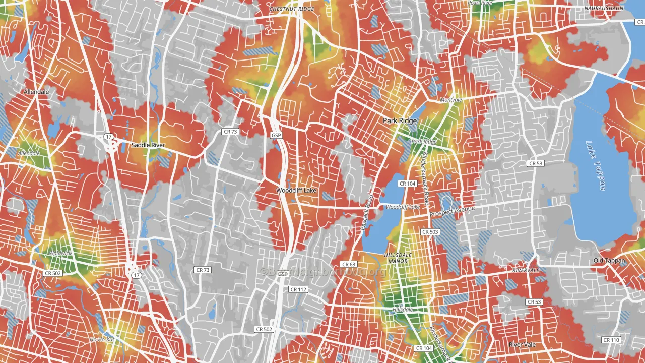 Walk Grade map of 07677, NJ, walkable areas in green and car-dependent areas in red