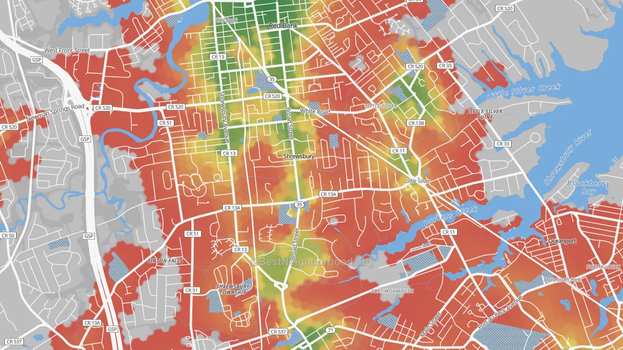 Walk Grade map of 07702, NJ, walkable areas in green and car-dependent areas in red