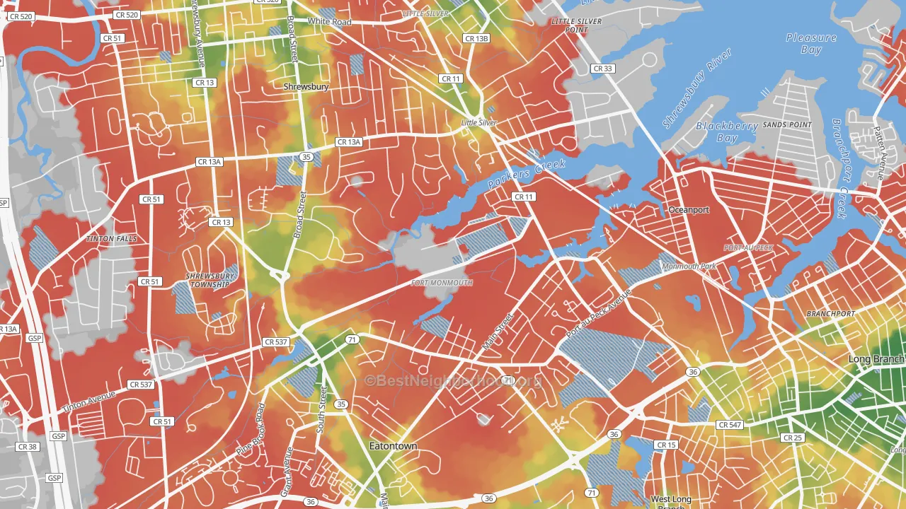 Walk Grade map of 07703, NJ, walkable areas in green and car-dependent areas in red