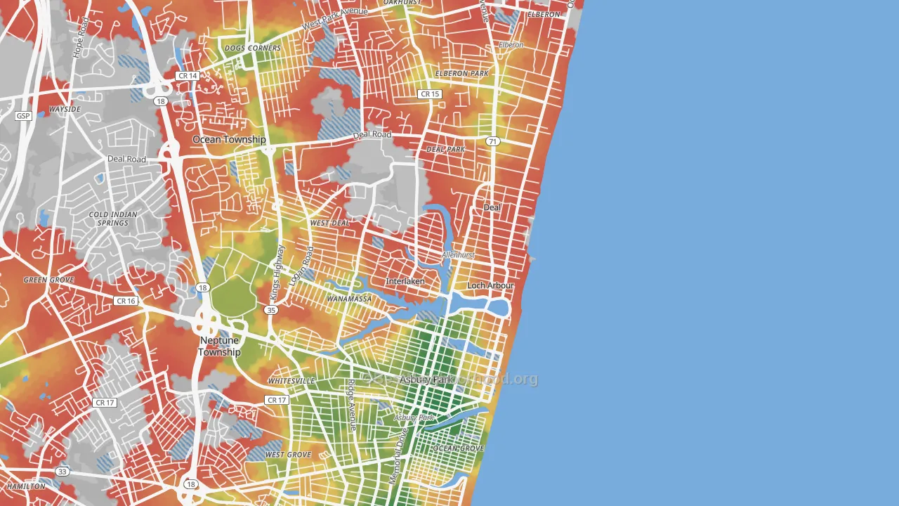 Walk Grade map of 07711, NJ, walkable areas in green and car-dependent areas in red