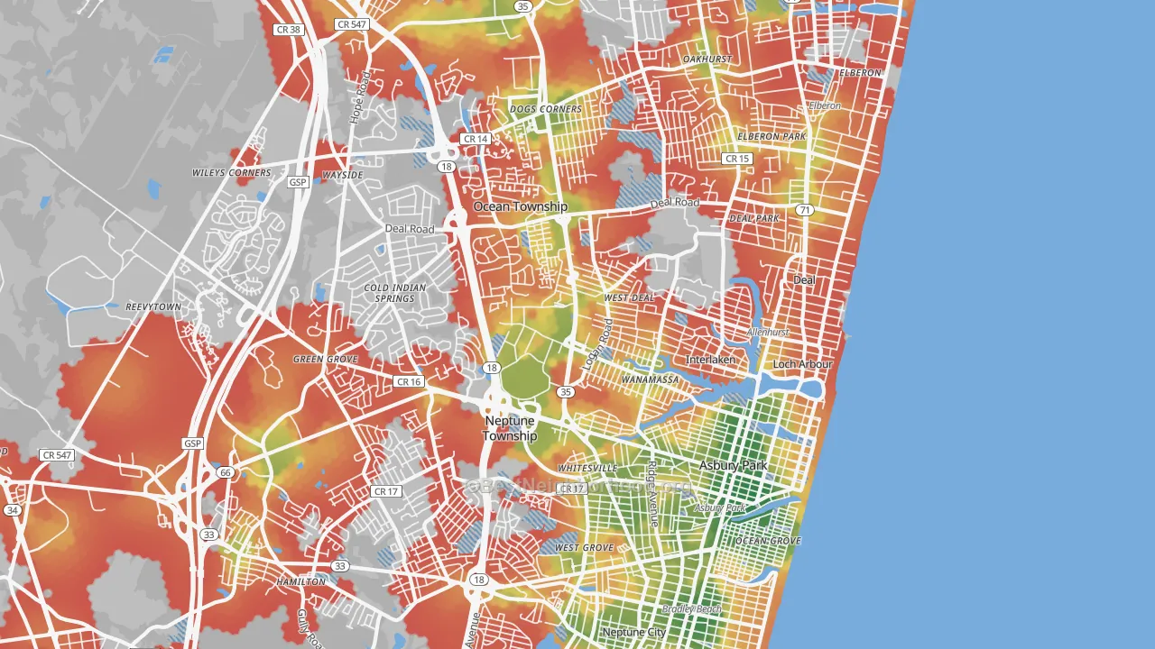 Walk Grade map of 07712, NJ, walkable areas in green and car-dependent areas in red