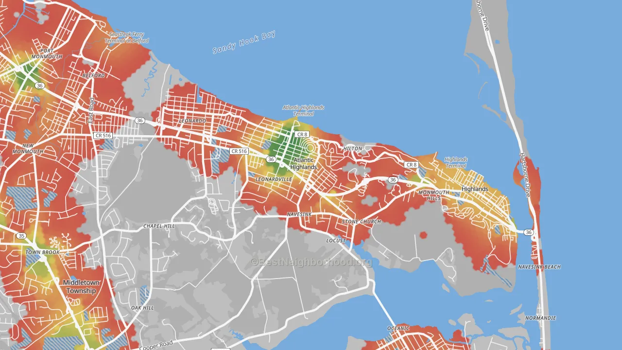 Walk Grade map of 07716, NJ, walkable areas in green and car-dependent areas in red