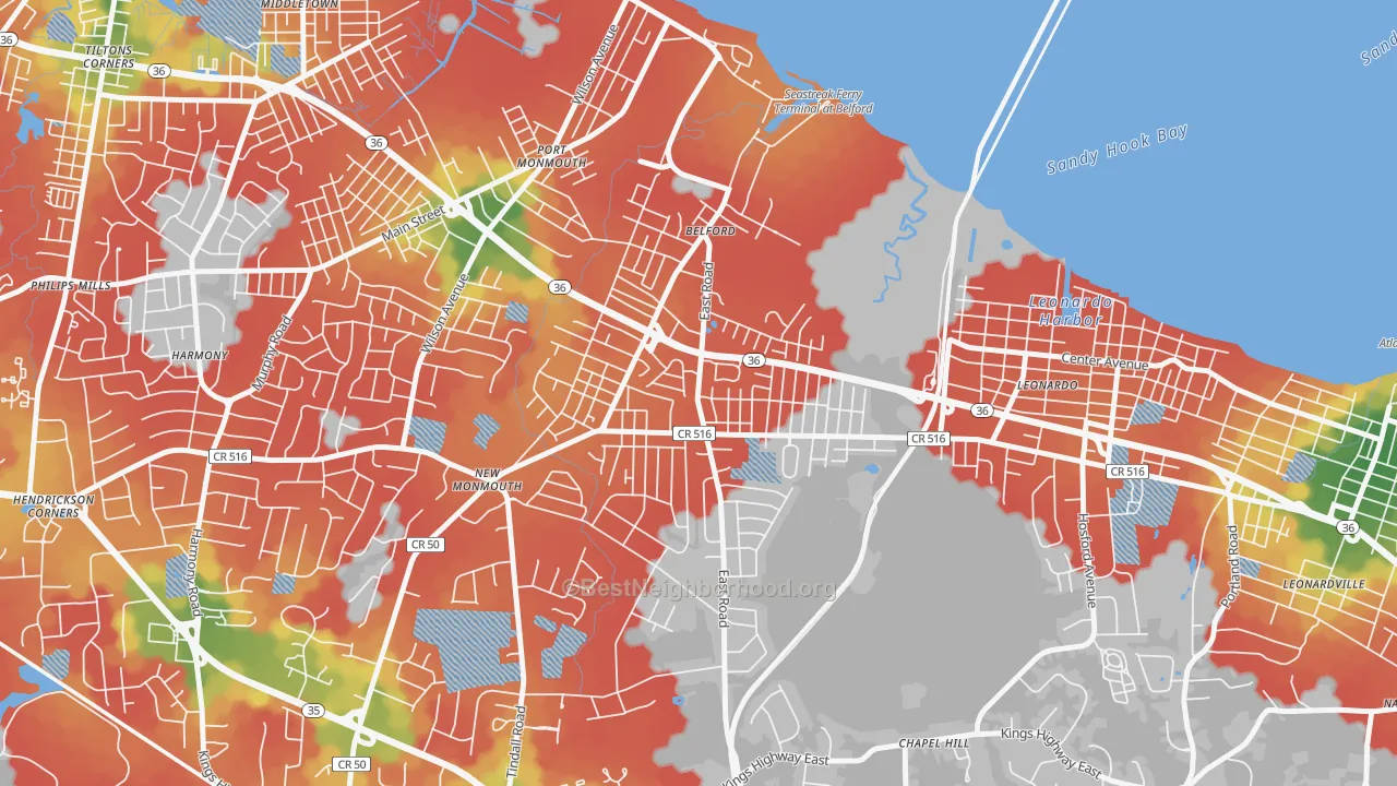 Walk Grade map of 07718, NJ, walkable areas in green and car-dependent areas in red