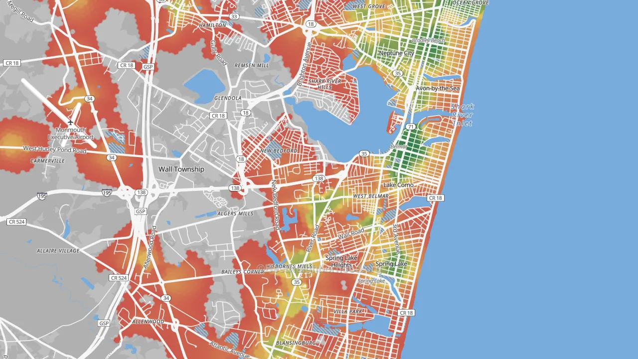 Walk Grade map of 07719, NJ, walkable areas in green and car-dependent areas in red