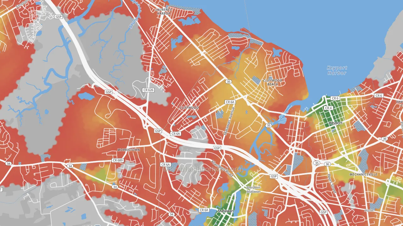 Walk Grade map of 07721, NJ, walkable areas in green and car-dependent areas in red