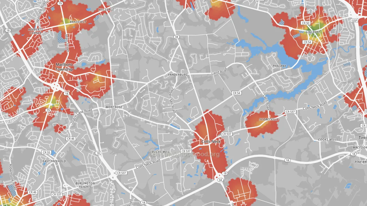 Walk Grade map of 07722, NJ, walkable areas in green and car-dependent areas in red