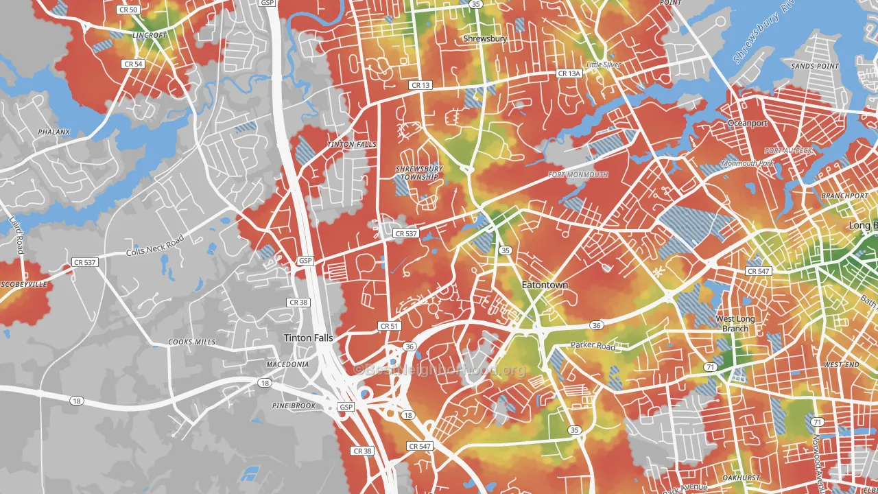 Walk Grade map of 07724, NJ, walkable areas in green and car-dependent areas in red