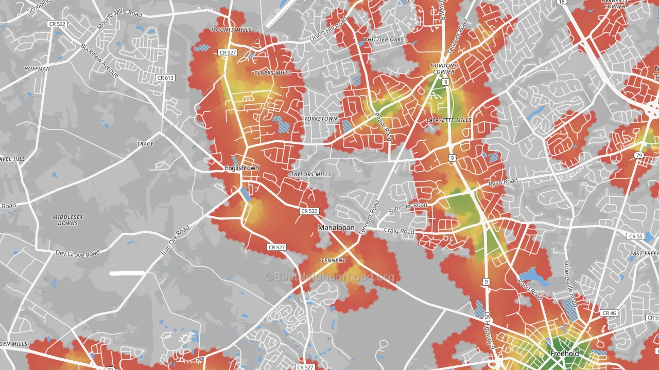 Walk Grade map of 07726, NJ, walkable areas in green and car-dependent areas in red