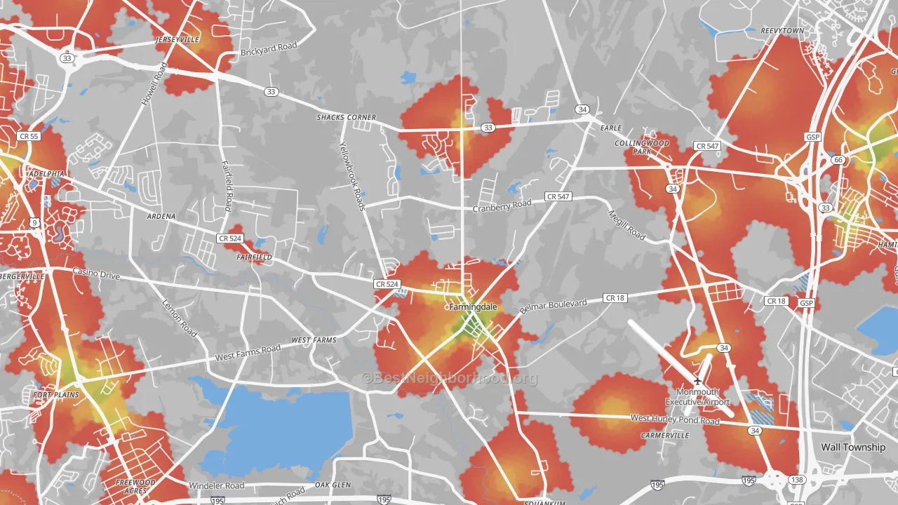 Walk Grade map of 07727, NJ, walkable areas in green and car-dependent areas in red