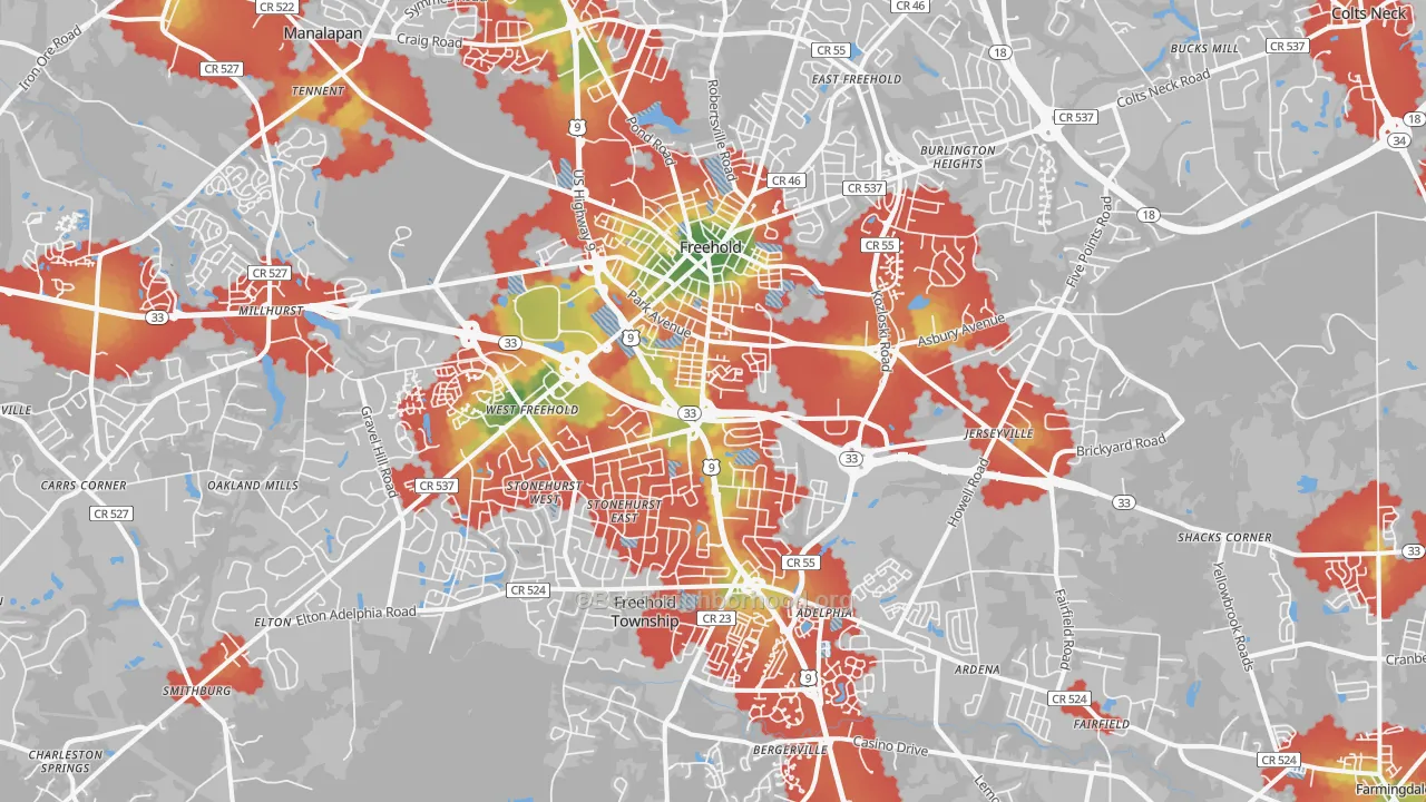 Walk Grade map of 07728, NJ, walkable areas in green and car-dependent areas in red