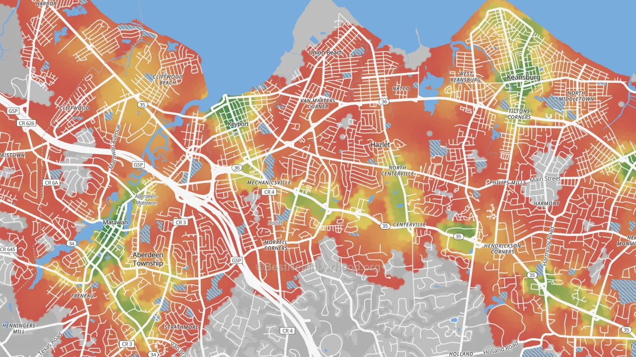 Walk Grade map of 07730, NJ, walkable areas in green and car-dependent areas in red