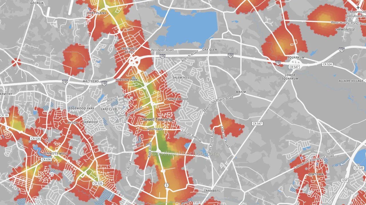 Walk Grade map of 07731, NJ, walkable areas in green and car-dependent areas in red