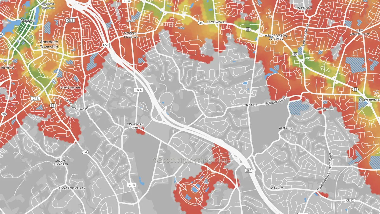Walk Grade map of 07733, NJ, walkable areas in green and car-dependent areas in red
