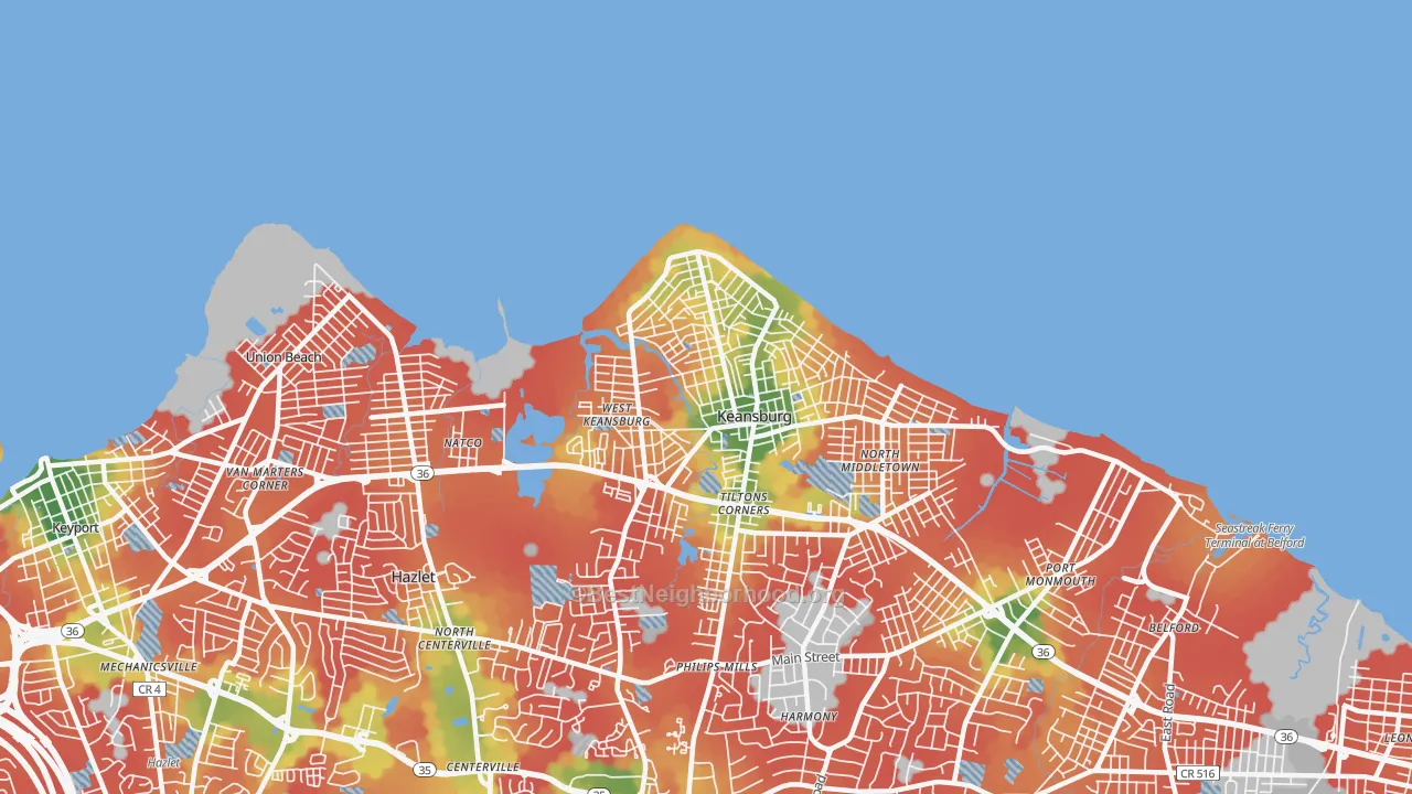 Walk Grade map of 07734, NJ, walkable areas in green and car-dependent areas in red