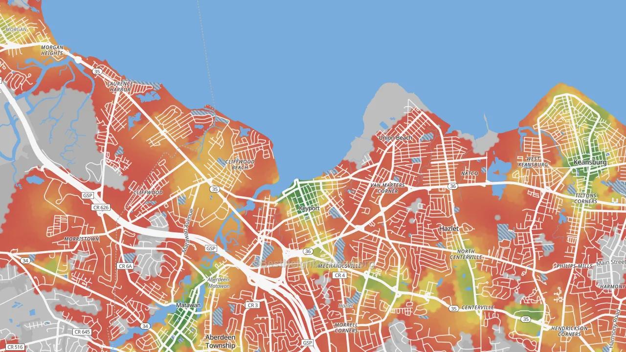 Walk Grade map of 07735, NJ, walkable areas in green and car-dependent areas in red