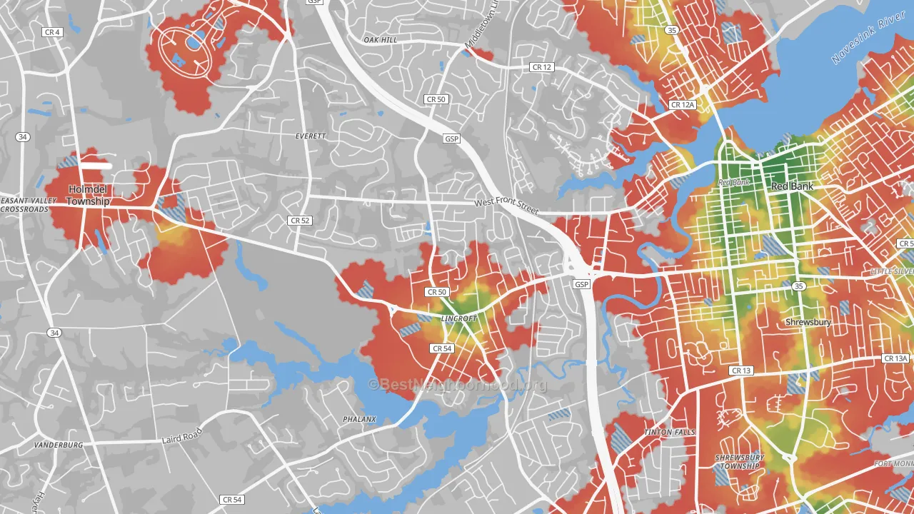 Walk Grade map of 07738, NJ, walkable areas in green and car-dependent areas in red