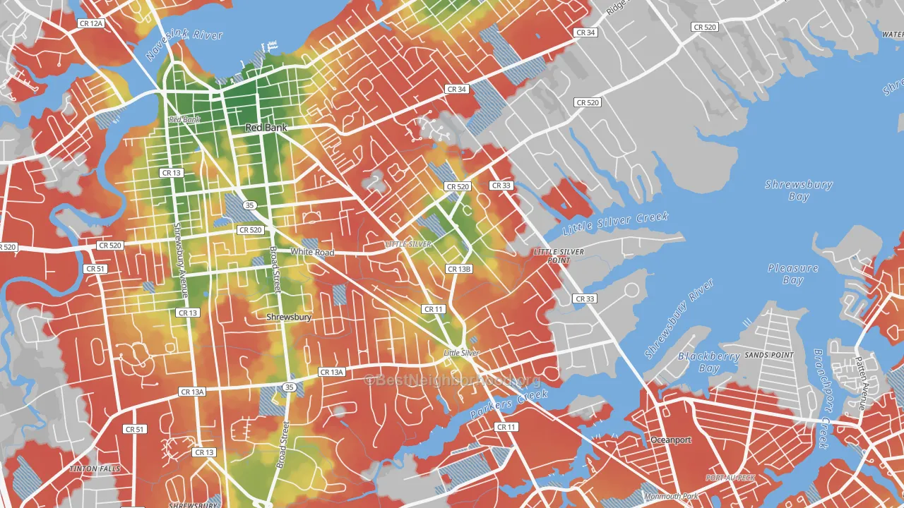 Walk Grade map of 07739, NJ, walkable areas in green and car-dependent areas in red