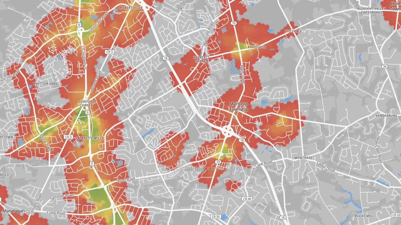 Walk Grade map of 07746, NJ, walkable areas in green and car-dependent areas in red
