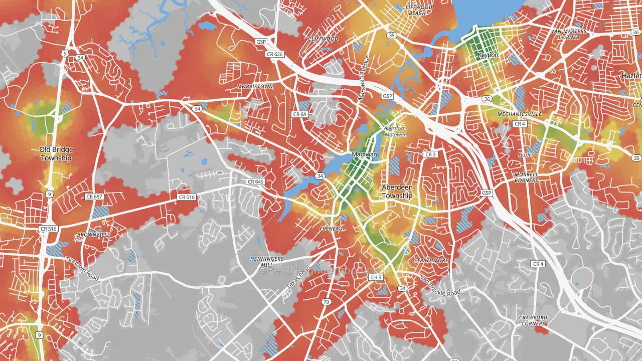Walk Grade map of 07747, NJ, walkable areas in green and car-dependent areas in red
