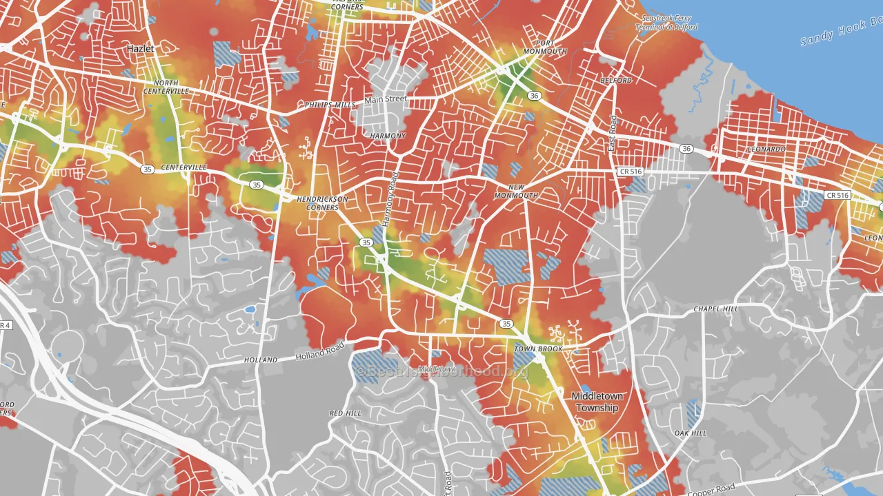 Walk Grade map of 07748, NJ, walkable areas in green and car-dependent areas in red