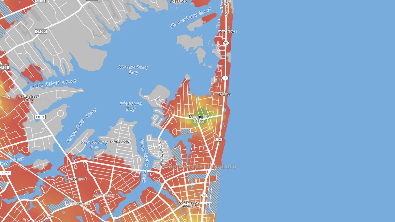 Walk Grade map of 07750, NJ, walkable areas in green and car-dependent areas in red