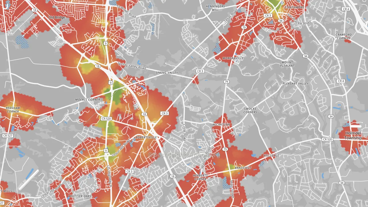 Walk Grade map of 07751, NJ, walkable areas in green and car-dependent areas in red
