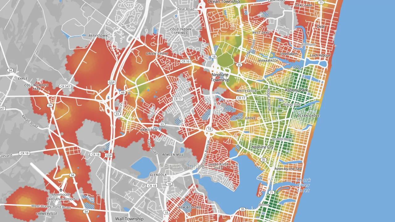 Walk Grade map of 07753, NJ, walkable areas in green and car-dependent areas in red